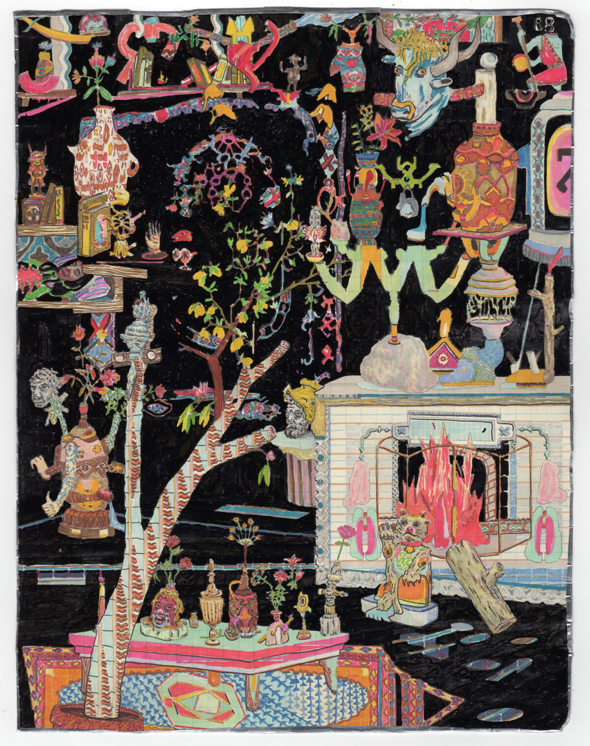 A densely composed interior scene rendered in graphite on a black background, featuring vibrant pink, yellow, green, and blue accents throughout. The layered composition depicts an ornate living room filled with decorative objects, furniture, flowering plants, architectural elements, and stylized figures arranged across multiple spatial planes, creating an intricate, maximalist tableau.