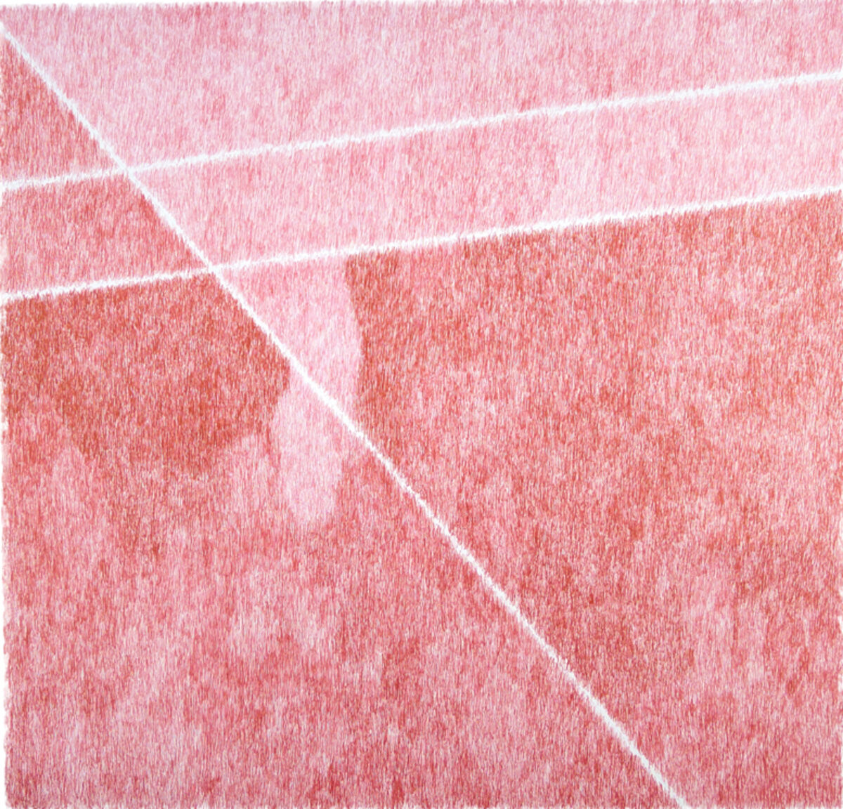 Abstract composition of layered geometric sections in varying shades of pink and coral, divided by crisp white diagonal and horizontal lines. The textured surface suggests a hand-drawn quality with visible mark-making throughout.