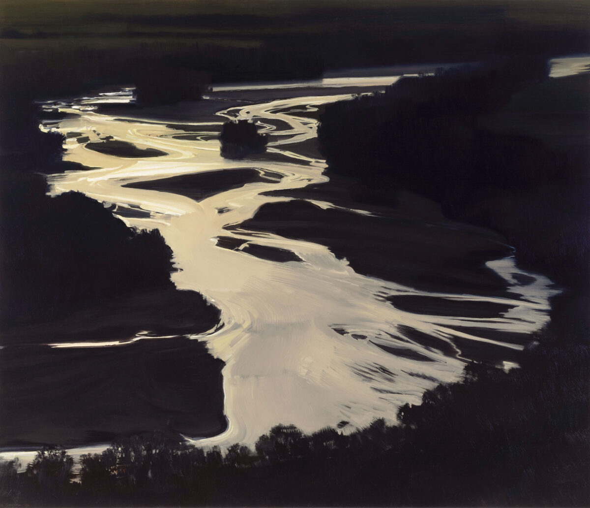 Aerial view of a winding river with pale cream and white waters meandering through dark forested land, rendered in bold brushstrokes that emphasize the stark contrast between the illuminated waterway and surrounding shadows.