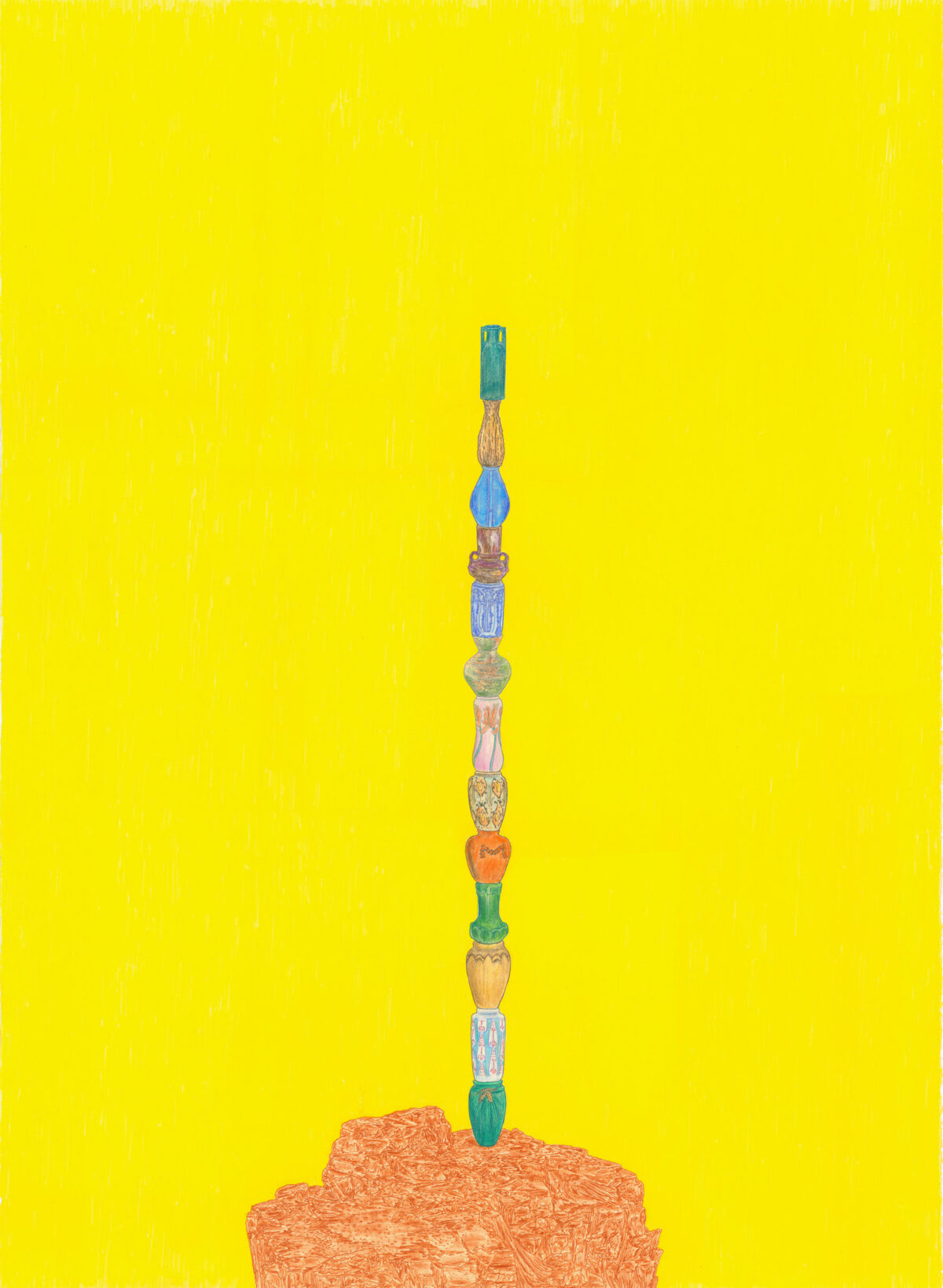A vertical stack of ornately decorated wooden beads and cylindrical forms in vibrant colors—including greens, blues, oranges, and naturals tones—rises from a textured terracotta-colored stone or clay base against a bright yellow background.