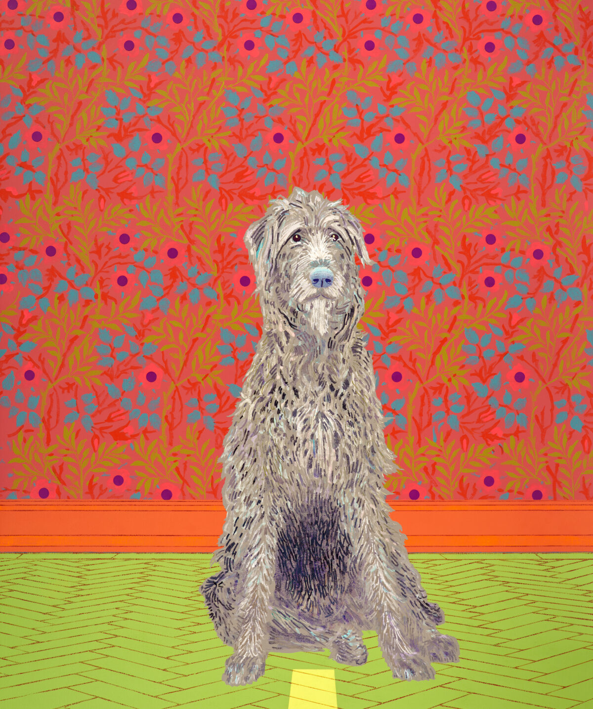 A shaggy, gray-haired dog sits centered on a lime green textured floor, gazing forward with a serene expression. Behind the dog, a vibrant patterned wall features red, coral, and yellow organic branching forms with turquoise leaf shapes and purple circular accents, separated from the floor by a bright orange horizontal band.