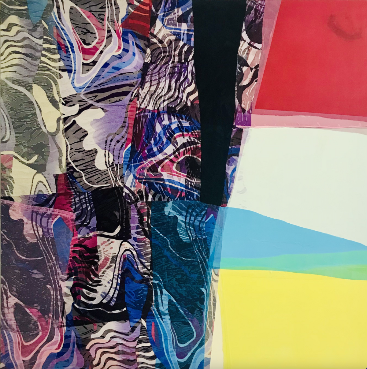 Layered abstract composition combining vibrant swirling patterns in pink, blue, purple, and black with crisp geometric color blocks of red, white, blue, green, and yellow. The intricate organic forms on the left contrast sharply with clean horizontal bands on the right, creating a dynamic tension between chaos and order.