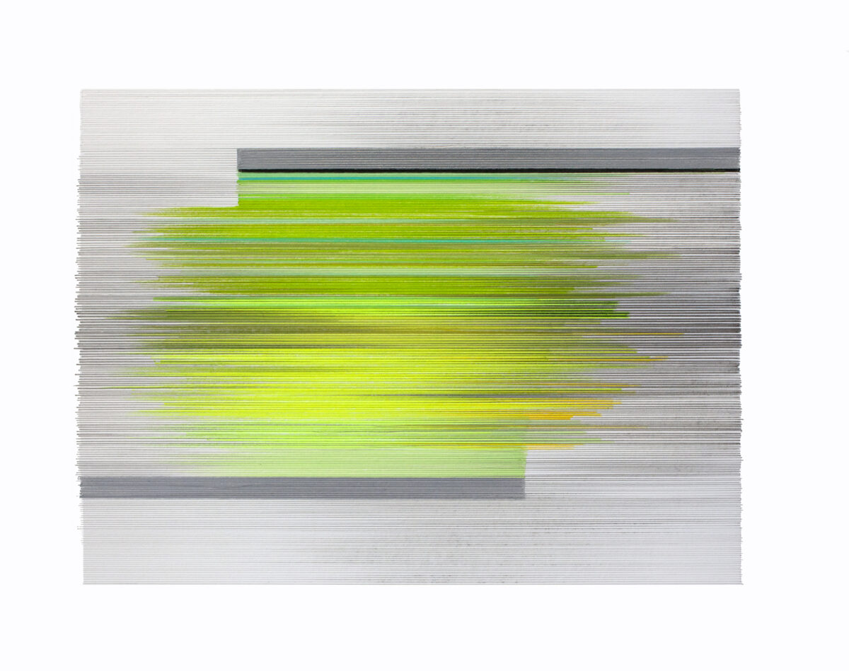 Horizontal bands of vibrant lime green and yellow hues radiate across a light gray background, creating a luminous central form. Fine linear marks in graphite layer beneath the colored pencil, giving the composition a subtle textured quality reminiscent of solar or atmospheric phenomena.
