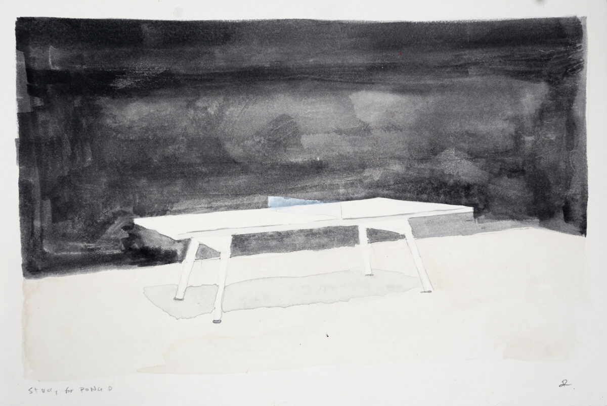 A minimalist watercolor study depicting a white modern table with angled legs set against a dark, atmospheric background rendered in charcoal or graphite. The composition contrasts the crisp geometric form of the furniture with the soft, gestural marks of the stormy backdrop.