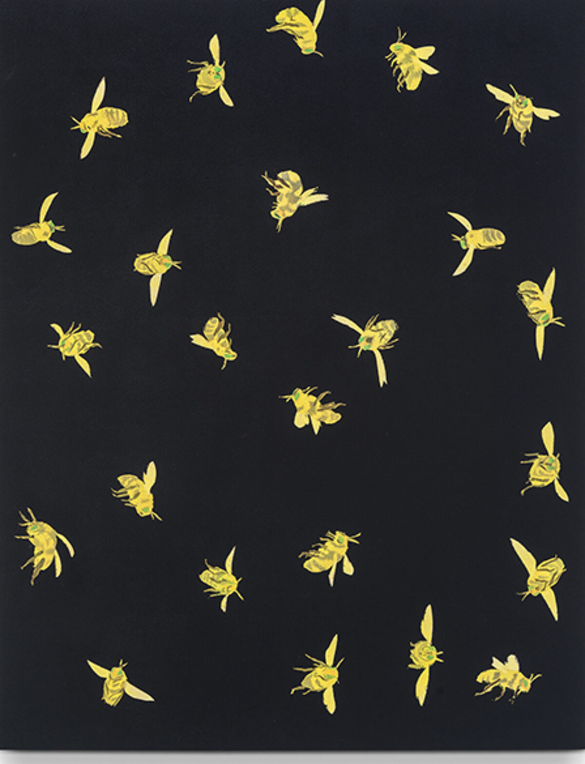 Golden yellow bees rendered in acrylic scatter across a dark black linen canvas in varying orientations and sizes, creating a dynamic composition against the neutral background.