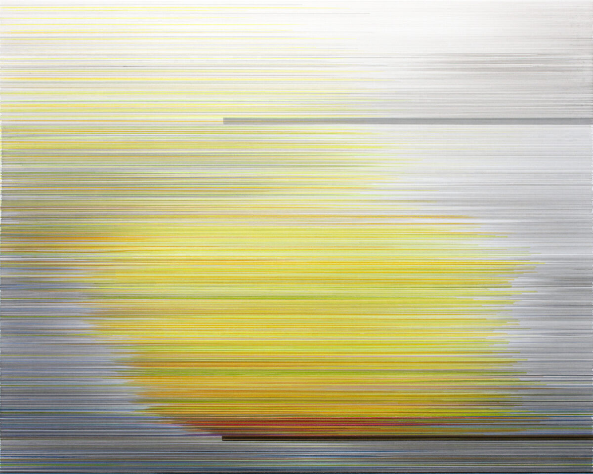 Horizontal bands of graphite and colored pencil in yellow, gray, blue, and earth tones create a layered, linear composition across the surface of mat board. Two darker rectangular forms interrupt the striations, one near the top and another in the lower center, creating subtle focal points within the predominantly horizontal structure.