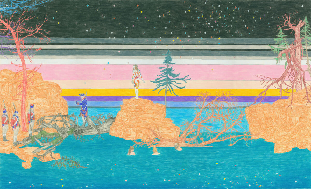 A surreal landscape divided by horizontal bands of color—dark green, gray, pink, yellow, purple, and turquoise—depicts a coastal scene with bare trees, rocky outcrops, and standing figures. A solitary figure in patterned clothing stands centrally near a stylized evergreen tree, while small diamond-shaped gems or lights scatter across the composition. The work employs colored pencil technique with intricate texturing throughout.