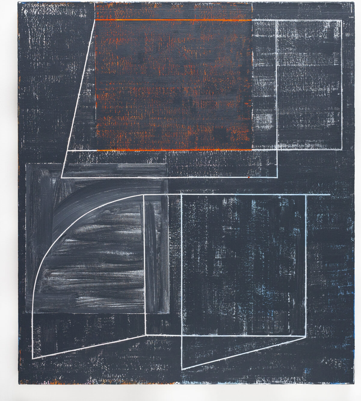 A dark charcoal canvas with white linear architectural drawings depicting interior floor plans and geometric forms. Rust-orange text or marks overlay the upper central section, creating visual contrast against the predominantly dark palette with touches of blue and weathered surface texture.