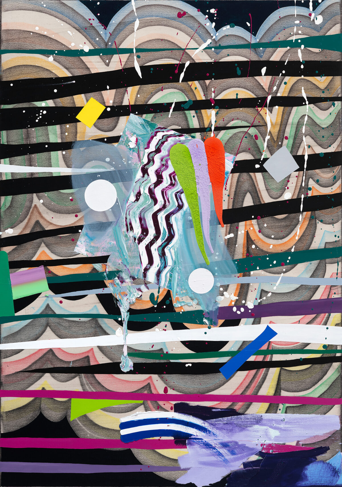 Mixed-media abstract composition featuring horizontal black bands layered over textured wavy patterns in earth tones, with vibrant accents of neon green, hot pink, purple, and blue. Geometric shapes including circles, rectangles, and angular forms in contrasting colors are scattered throughout, with white paint splatters and drips creating dynamic movement across the canvas.