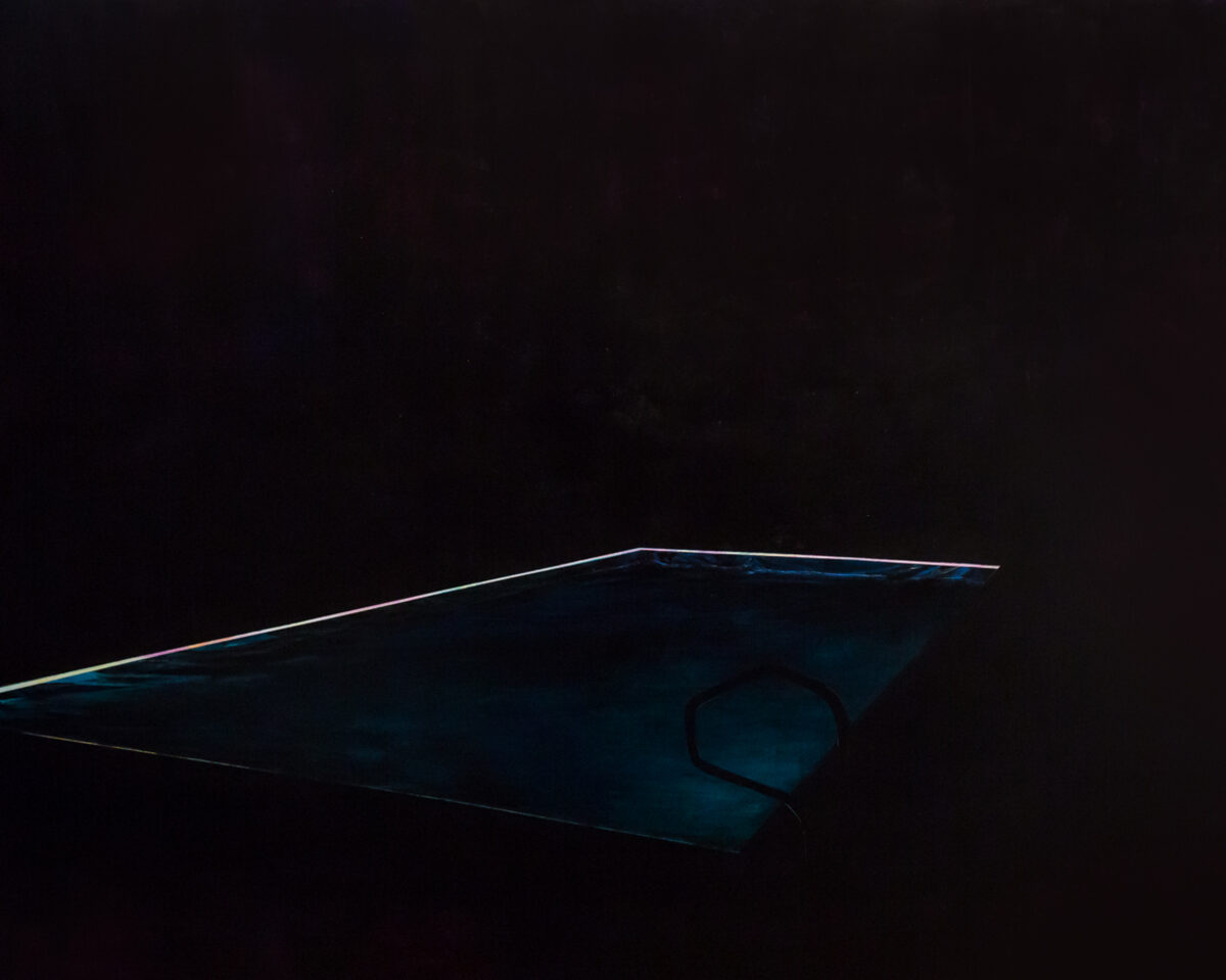 A translucent teal-blue form floats against a dark background, its elongated, leaf-like shape tapering to sharp points at either end. A circular aperture or void is visible within the center of the form, while its upper edge is illuminated with a subtle golden highlight that creates dimensional depth.