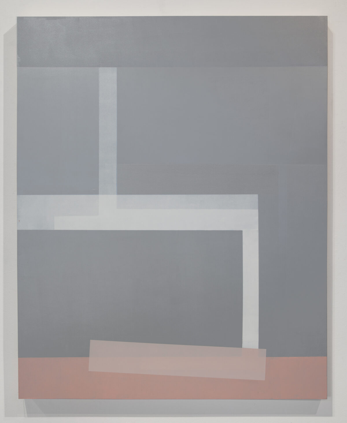 Abstract composition featuring geometric rectangular forms in varying shades of gray, white, and muted mauve, arranged in an overlapping, layered arrangement against a light neutral background. The subdued color palette and soft edges create a minimalist, contemplative aesthetic.