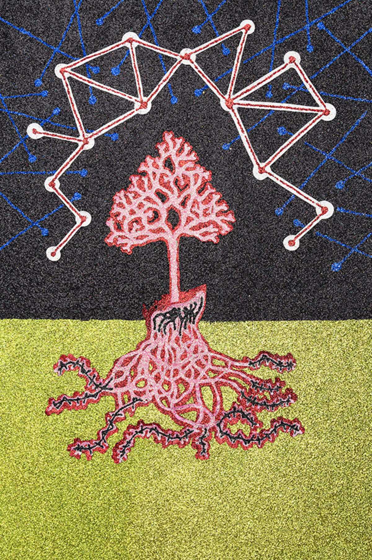 A stylized tree with branching roots extends upward from a yellow-green ground against a dark starry sky. Above the tree, an interconnected network of geometric lines and nodes in pale pink forms an abstract constellation or neural pattern, echoed in blue throughout the background. The composition employs cut paper, paint, and glitter creating a textured, mixed-media surface.