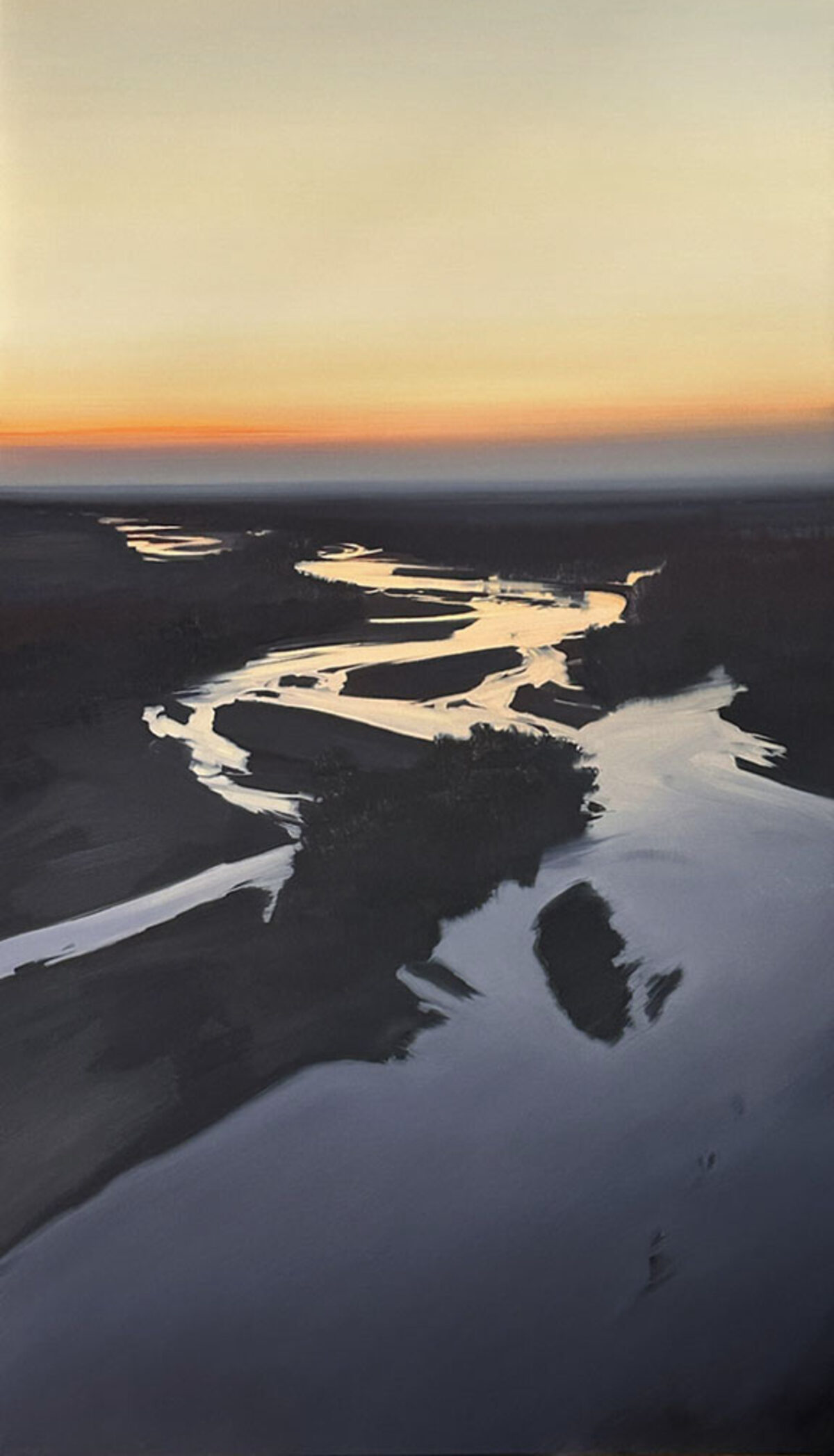 Aerial view of a winding river catching golden light at sunset, its meandering path cutting through a dark forested landscape dotted with small islands, rendered in warm oranges and cool grays against a dusky sky.