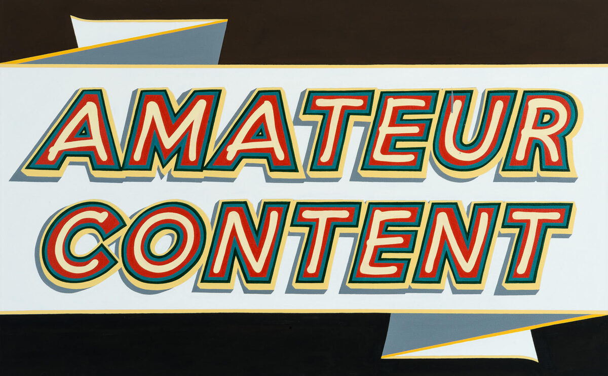 Retro-style text reading "AMATEUR CONTENT" in bold, layered letters with red, cream, and teal coloring outlined in gold, set against a light gray background with geometric black and blue shapes framing the composition at top and bottom.