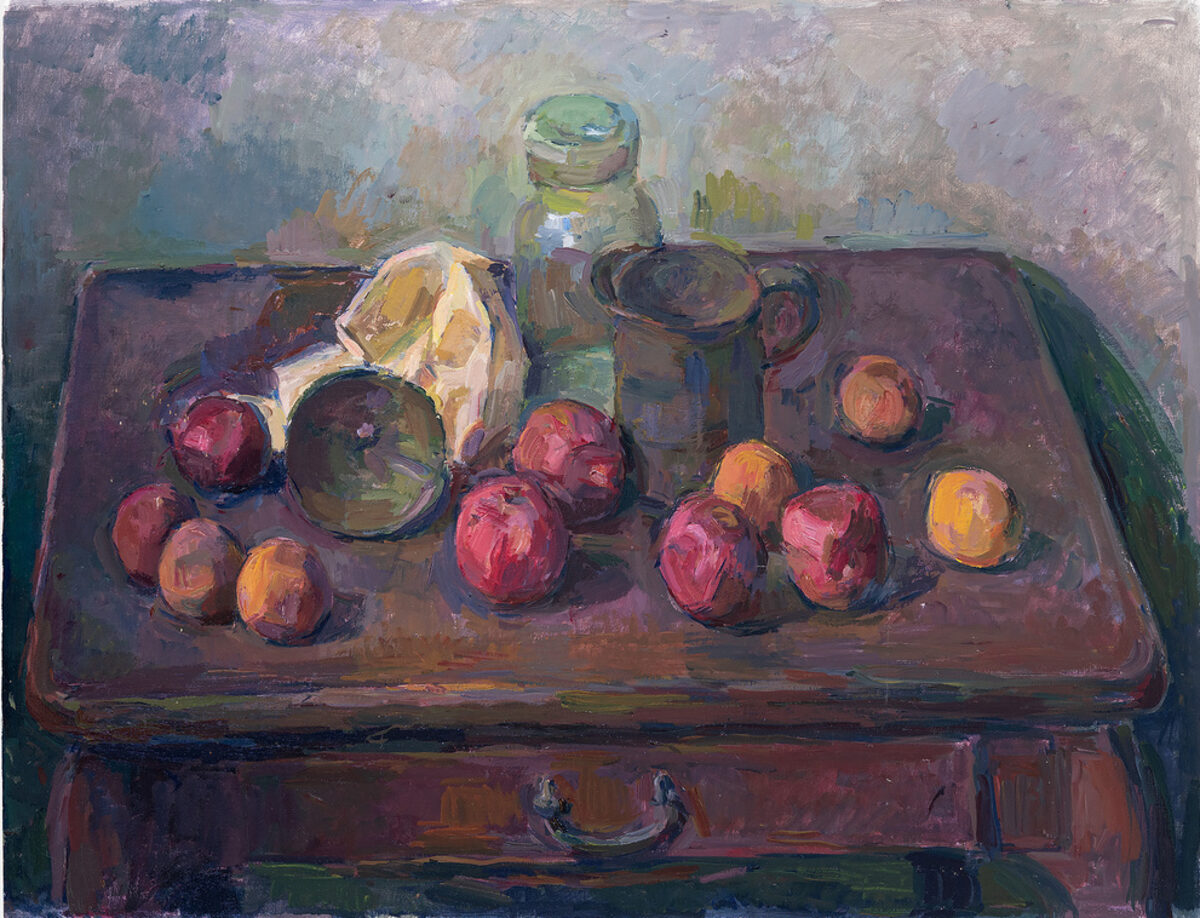 A still life composition featuring red and orange apples arranged on a dark purple table surface alongside a glass mason jar and metal pitcher. The objects cast soft shadows and are rendered in loose, expressive brushstrokes with muted earth tones and cool grays dominating the background.