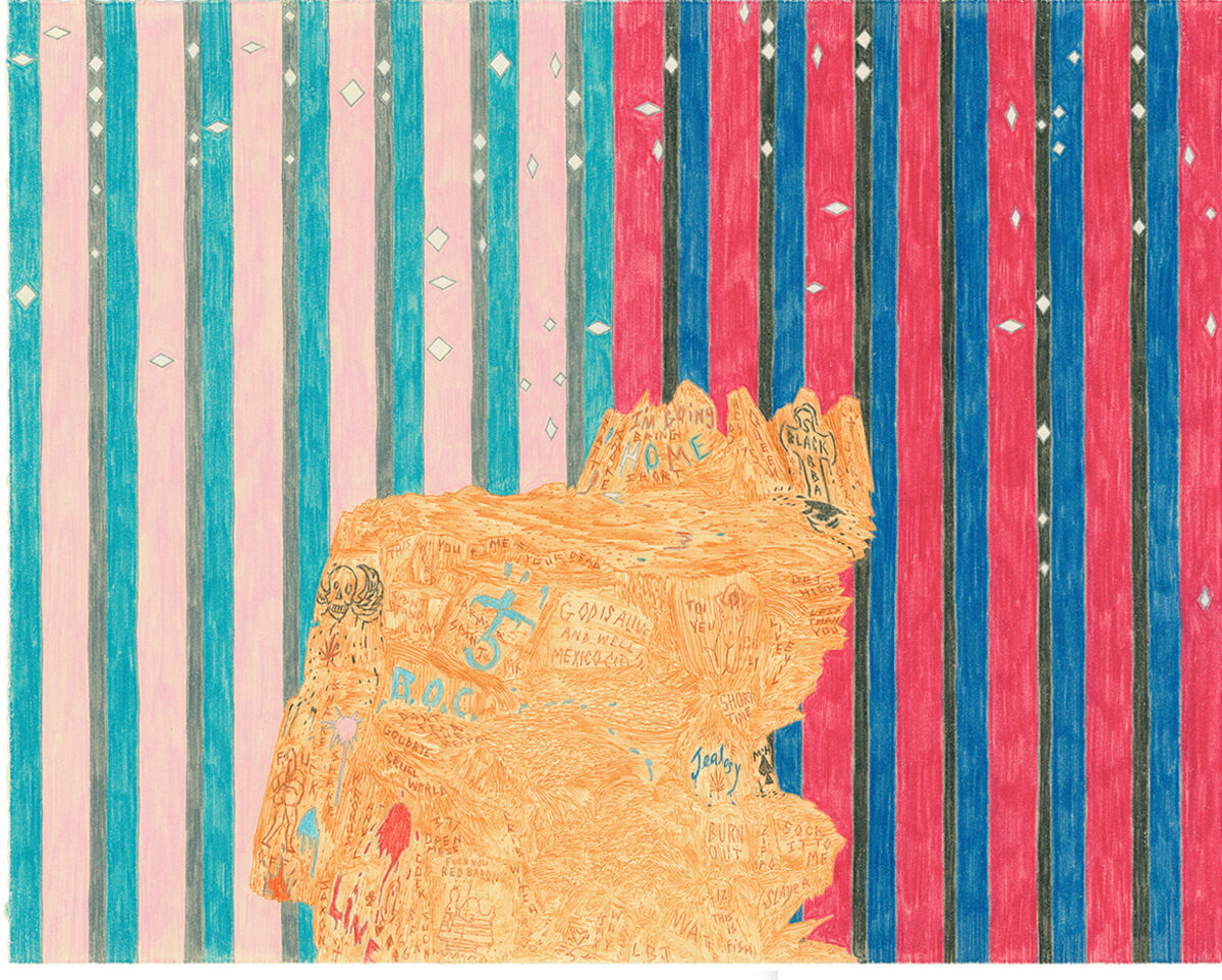 A golden-orange silhouette of a human head in profile faces left, densely filled with blue and red handwritten text and marks, set against a striped background of alternating turquoise, pink, navy blue, and red vertical bands with small diamond motifs.