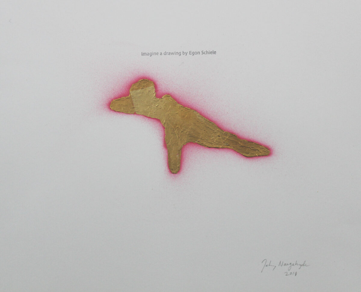 A gold leaf figure in a contorted, horizontal pose with outstretched limbs is surrounded by a vibrant pink halo that radiates across white paper, creating a luminous effect around the metallic form.