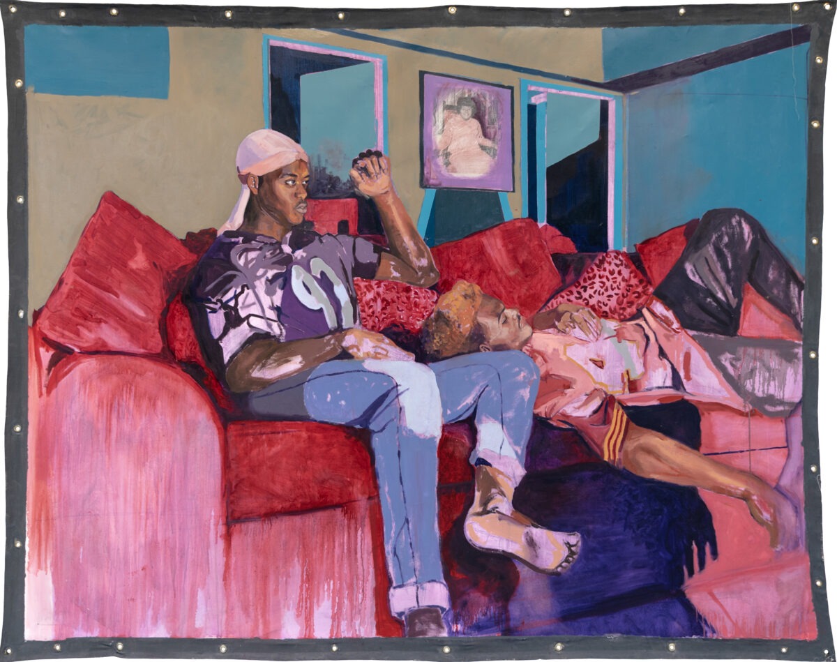 Two figures recline on a red velvet couch in a vibrant interior space dominated by turquoise and coral tones. The seated figure on the left wears a purple graphic shirt and pink cap, gazing upward, while the reclining figure on the right lies across the couch in a relaxed pose. The room features bold geometric shapes, framed artwork on the walls, and rich jewel-toned colors rendered in expressive brushwork.