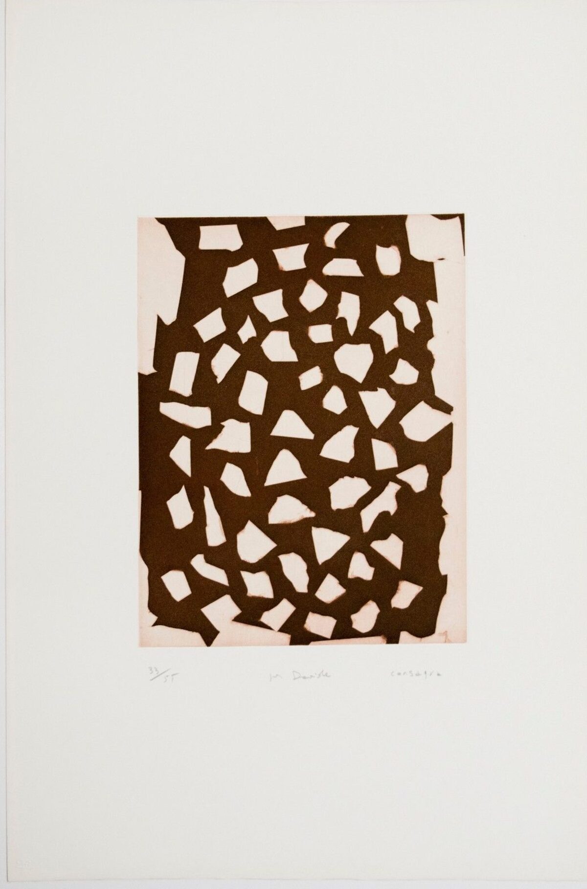 Abstract composition of dark brown irregular fragments scattered across a light cream background, creating a fragmented, interlocking pattern that suggests a divided or shattered form.