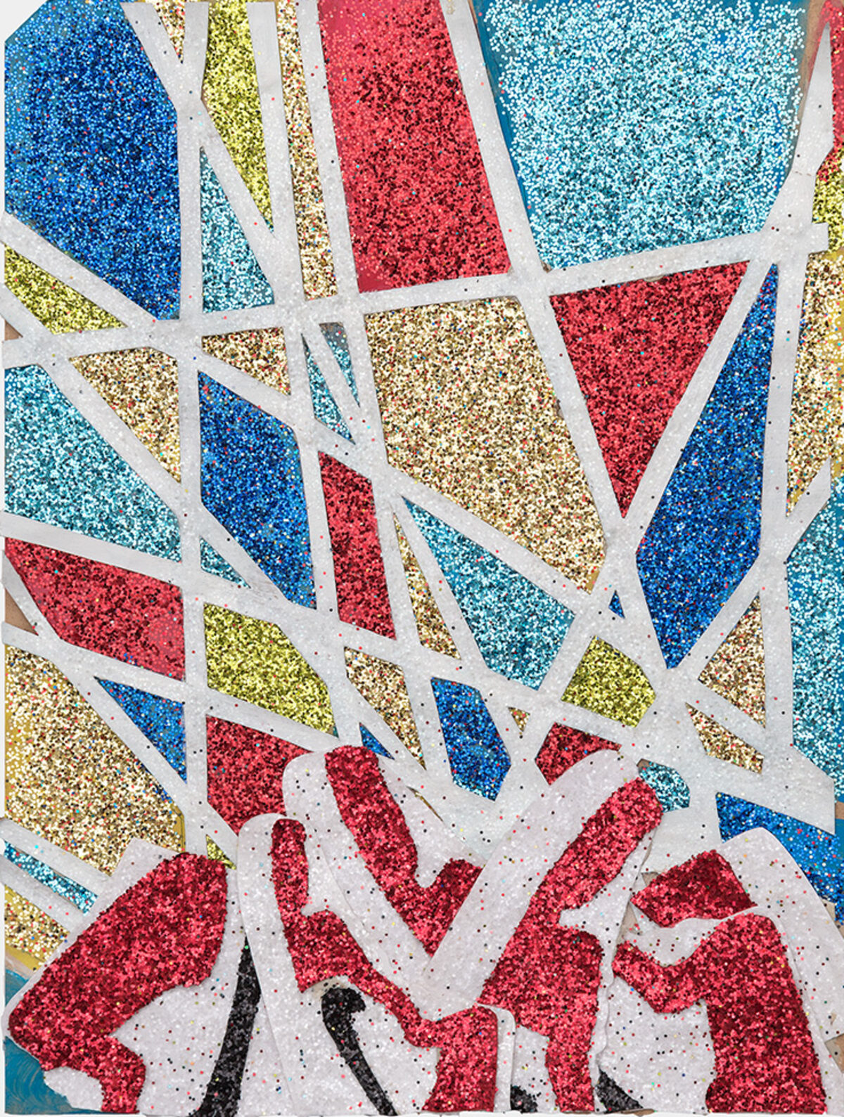 Vibrant abstract composition featuring geometric shapes in bright blue, red, turquoise, and gold glitter separated by white lines, creating a fragmented mosaic-like pattern across the surface. Black curved marks appear at the bottom of the piece.