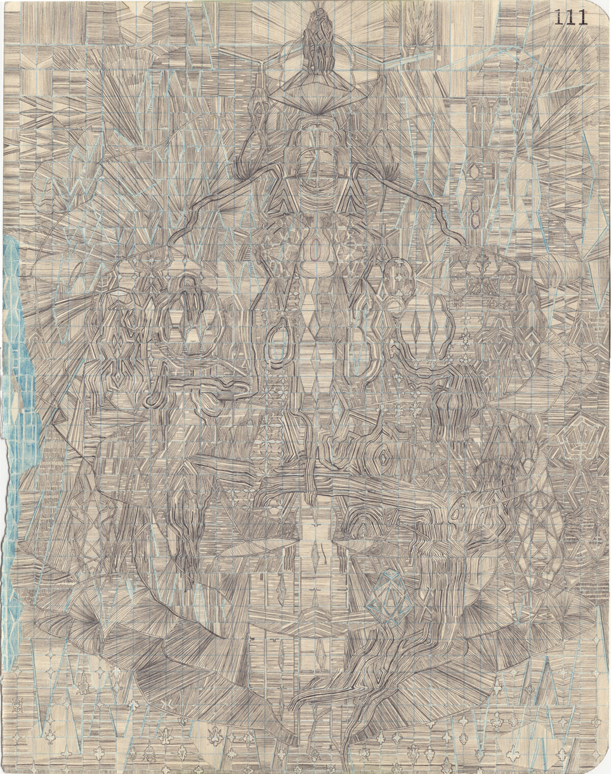 Intricate graphite drawing on tan paper featuring a densely layered, symmetrical composition of intertwining figures and architectural forms radiating outward from a central vertical axis. Fine linear hatching throughout creates a complex, maze-like pattern with touches of blue watercolor or ink applied to the left edge and lower portions of the work.