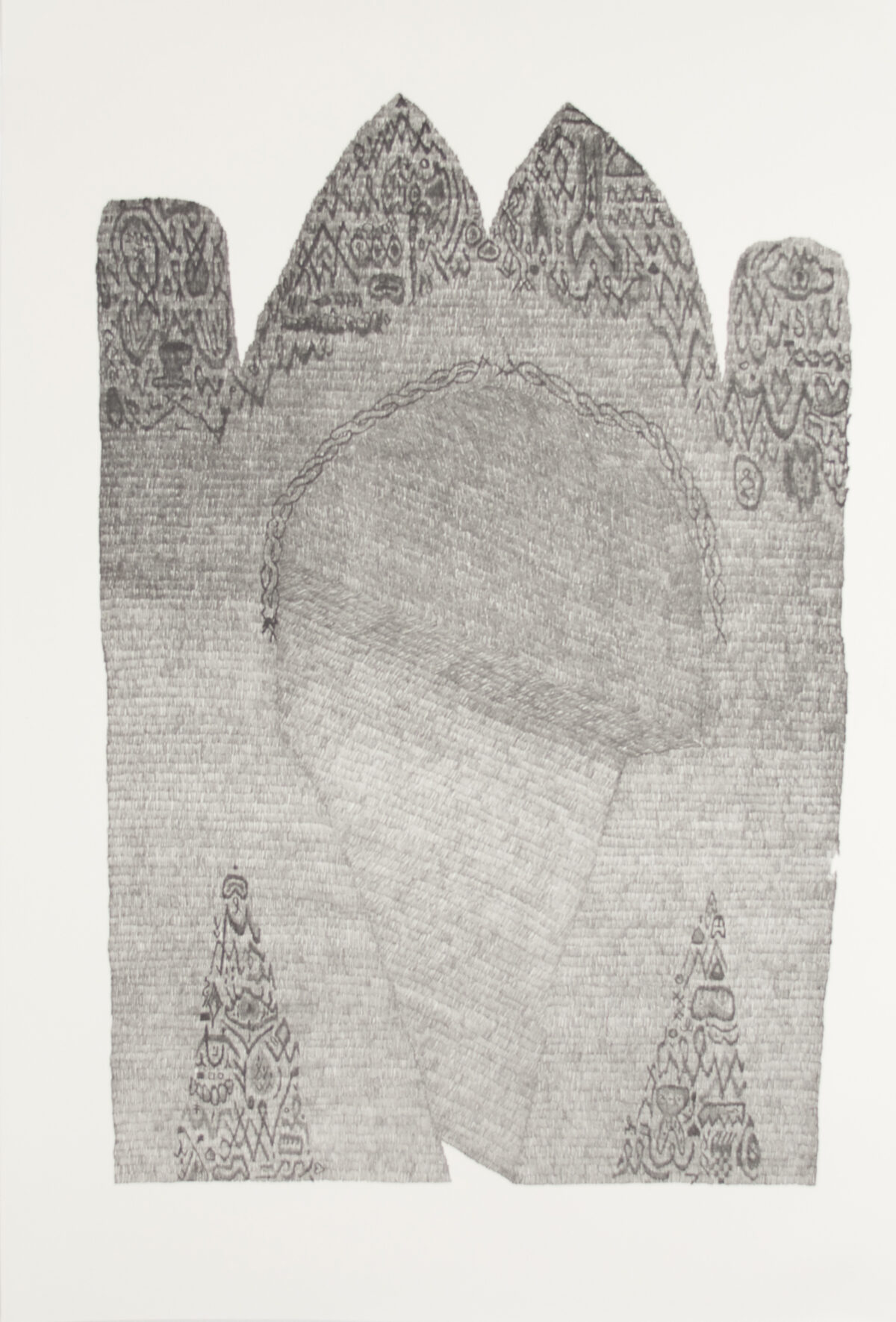 A monochromatic print depicting four vertical architectural forms with decorated peaked tops arranged like stylized towers or buildings. The composition features intricate patterned details along the upper edges and lower sections, with a large blank central area creating negative space between the structures.