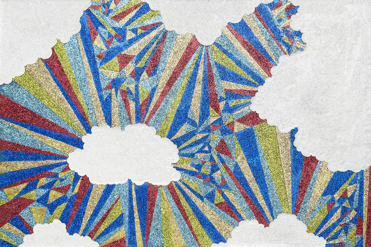 Radiating stripes of blue, red, yellow, and turquoise glitter emanate outward from two white cloud-like forms at the center, creating a dynamic starburst composition against a textured gray background.