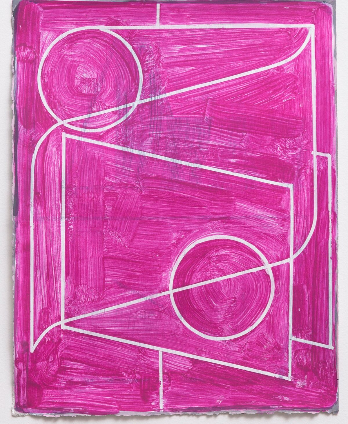 Vibrant magenta acrylic painting featuring white linear outlines creating geometric forms including two circles connected by curved lines against a richly textured brushstroke background. The composition is framed by a white rectangular border within the canvas.