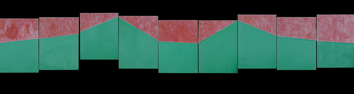 A linear composition of rectangular paper segments arranged horizontally, alternating between deep teal-green lower sections and textured red upper sections. The edges between colors form an irregular, jagged boundary that creates a fragmented, cut-paper aesthetic against a black background.
