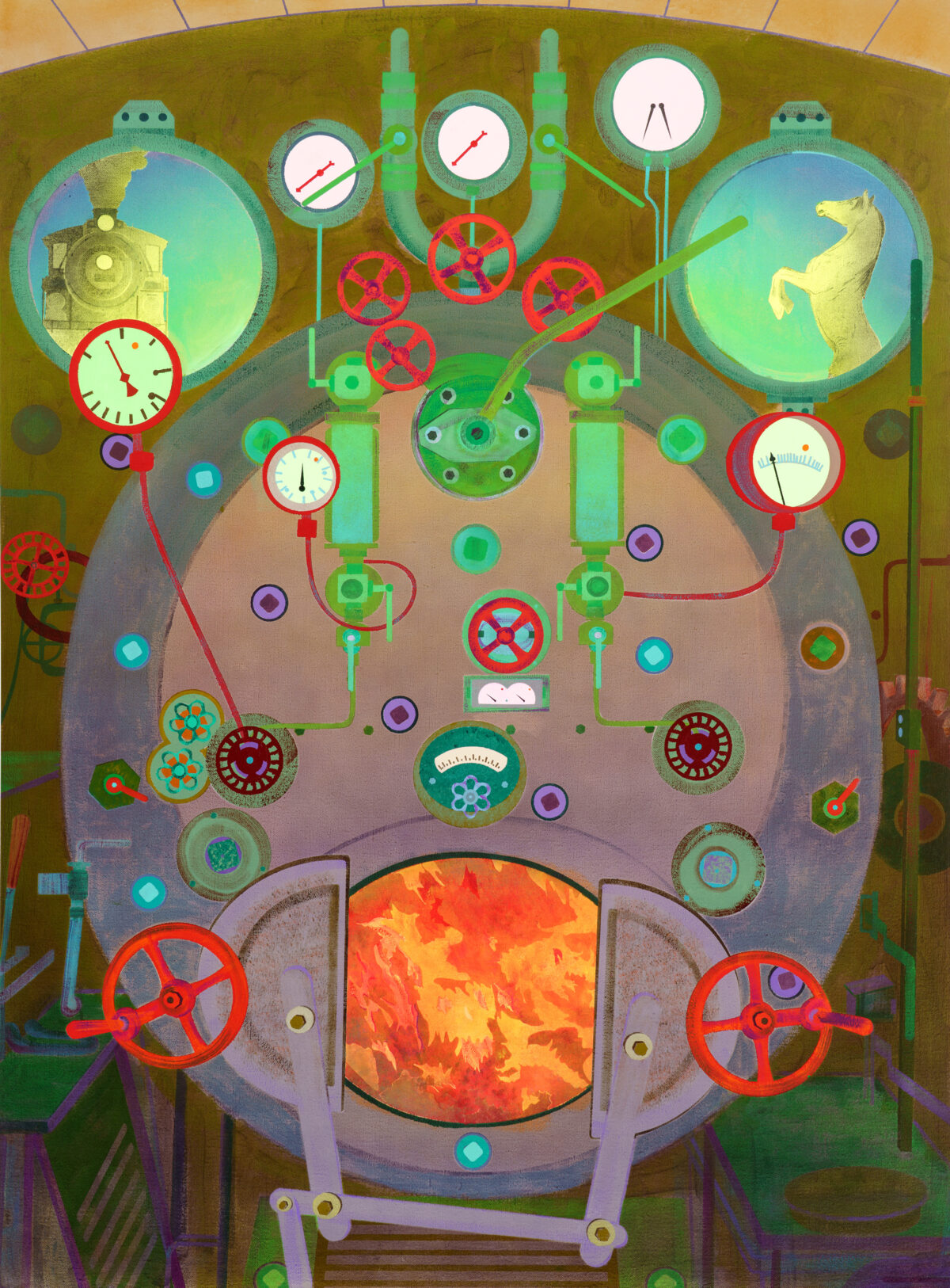 An intricate mechanical illustration featuring a large furnace with glowing orange flames at its center, surrounded by an elaborate system of interconnected gears, pipes, gauges, and control mechanisms in shades of green and red. At the top, two circular windows display a clock tower and a golden horse against turquoise skies. The composition employs a symmetrical, steampunk-inspired aesthetic rendered in vibrant acrylic colors against a muted olive and purple background.