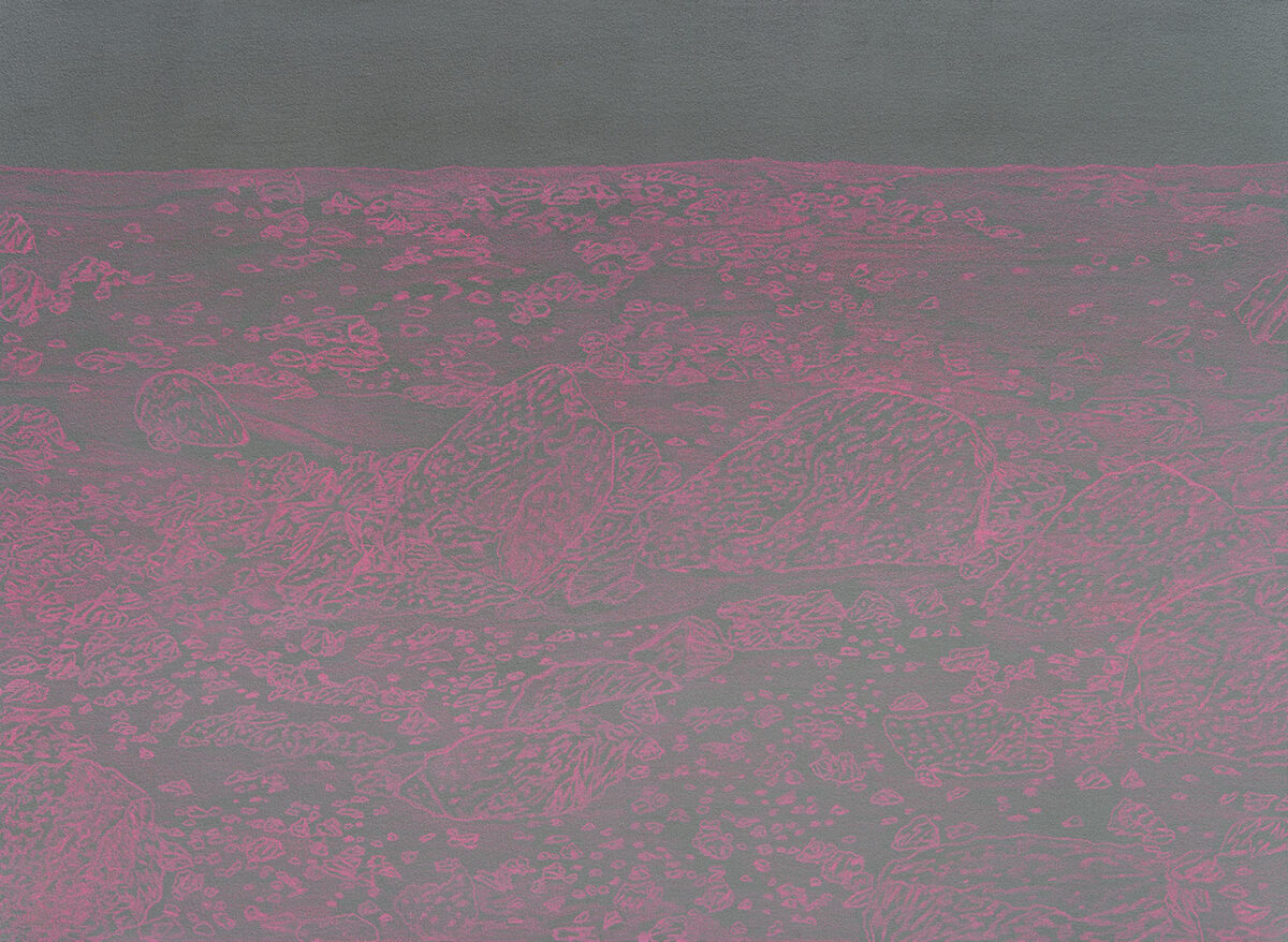 Layered abstract landscape rendered in muted mauve and gray tones, with textured marks and linear patterns suggesting geological formations or topographical features. A horizontal composition divided between a solid gray sky above and a densely patterned terrain below, creating a stark, otherworldly atmosphere.