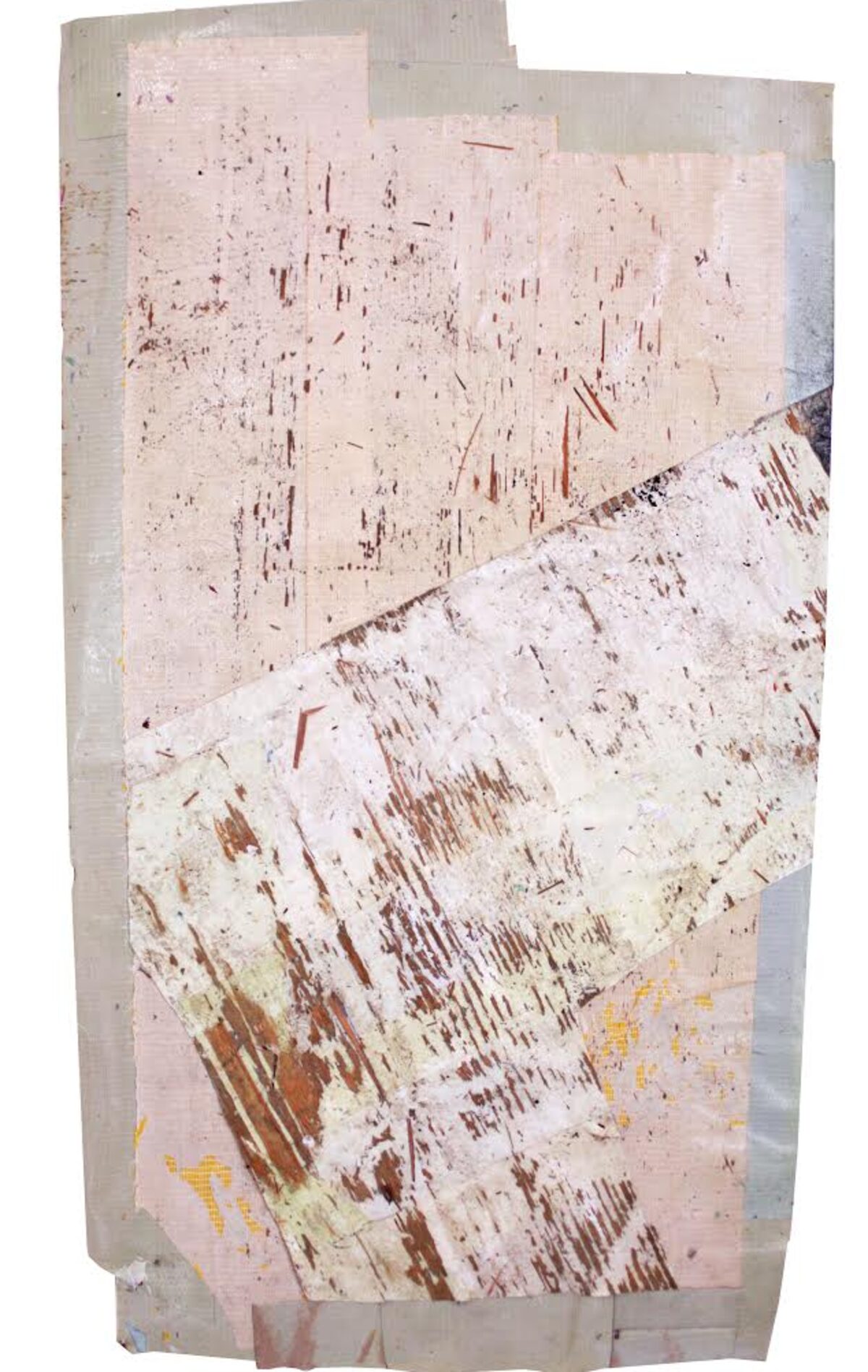 Abstract monoprint and transfer work on translucent tape featuring layered gestural marks in rust, brown, and cream tones. The composition combines delicate linear scratches and broader brushed passages across irregularly shaped overlapping sheets, with hints of yellow ochre visible in the lower section.