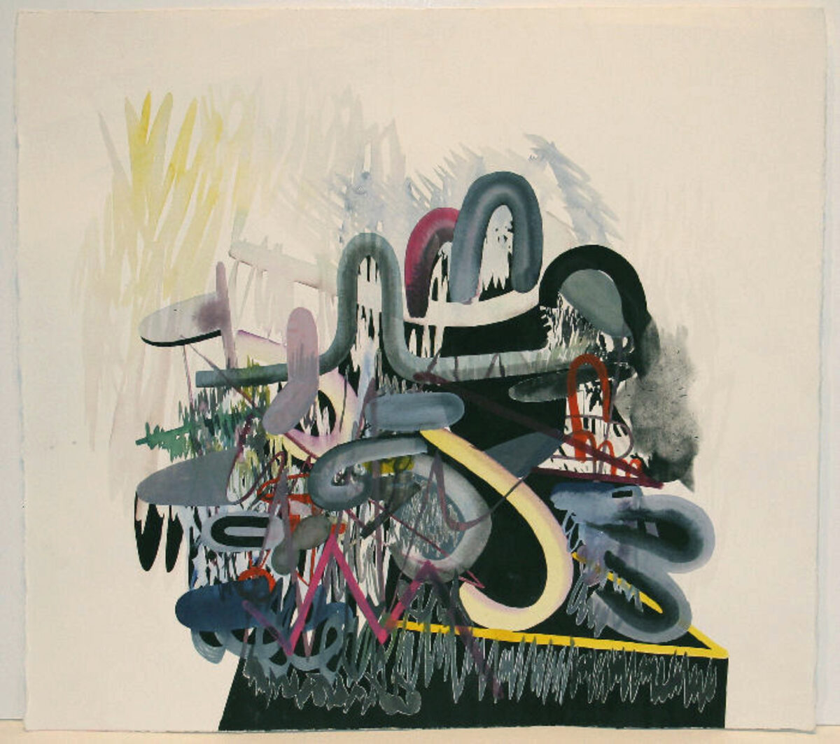 An abstracted composition featuring layered, interlocking organic forms in dark navy, black, and deep teal, accented with bright pops of red, yellow, and pink. The densely packed shapes suggest a chaotic accumulation or pile, rendered with gestural brushwork that creates areas of soft gradation and sharp contrasts against a pale beige ground.