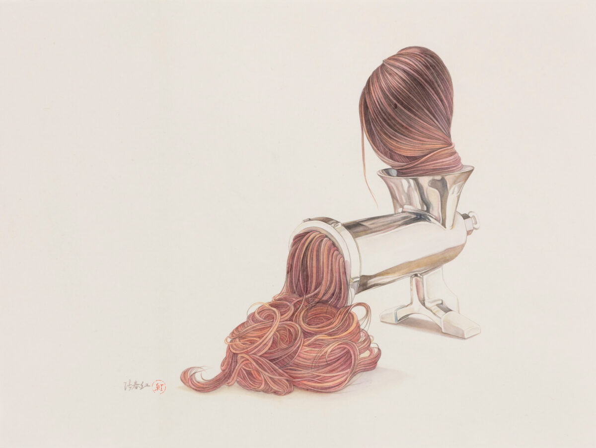 A detailed drawing depicts a pasta machine with long strands of reddish-pink hair emerging from its opening and pooling below. The figure of a woman with similar colored hair is visible within the machine's chamber, rendered in delicate brushwork with soft washes of color against a pale background.