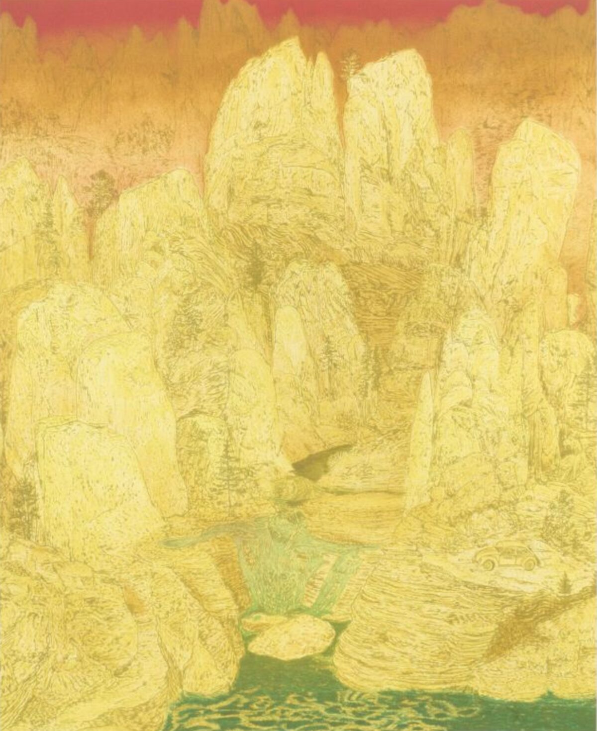 A monochromatic yellow landscape depicting tall, angular rock formations or stone structures arranged in a narrow passage, rendered with intricate linear hatching. A small green-toned figure sits in the foreground near a pool of water at the base of the rocks, creating a striking color contrast against the predominant golden and cream tones of the composition.