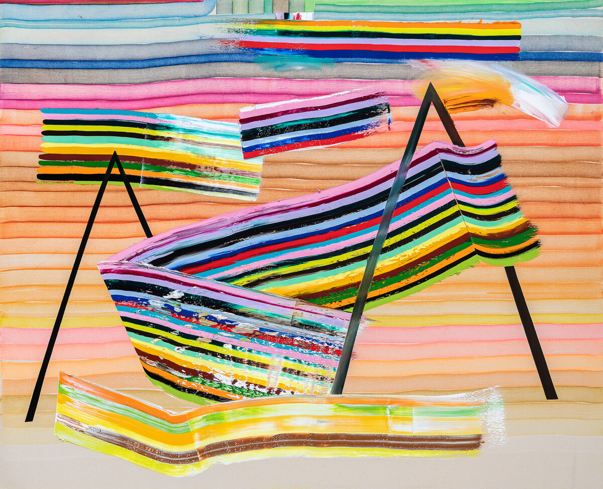 Vibrant abstract composition featuring stacked, layered strips of multicolored materials—including vivid yellows, pinks, blues, greens, and oranges—arranged across a warm peachy-orange background. Two black triangular forms frame the composition, creating a gestural, expressionistic quality with visible brushwork and textural depth.