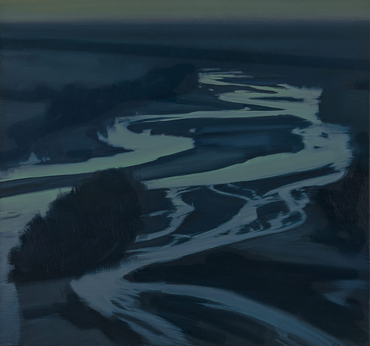 Aerial view of a winding river with pale blue-green water snaking through dark forested landscape, rendered in muted tones with loose, atmospheric brushwork that emphasizes the sinuous curves of the waterway against the surrounding darkness.