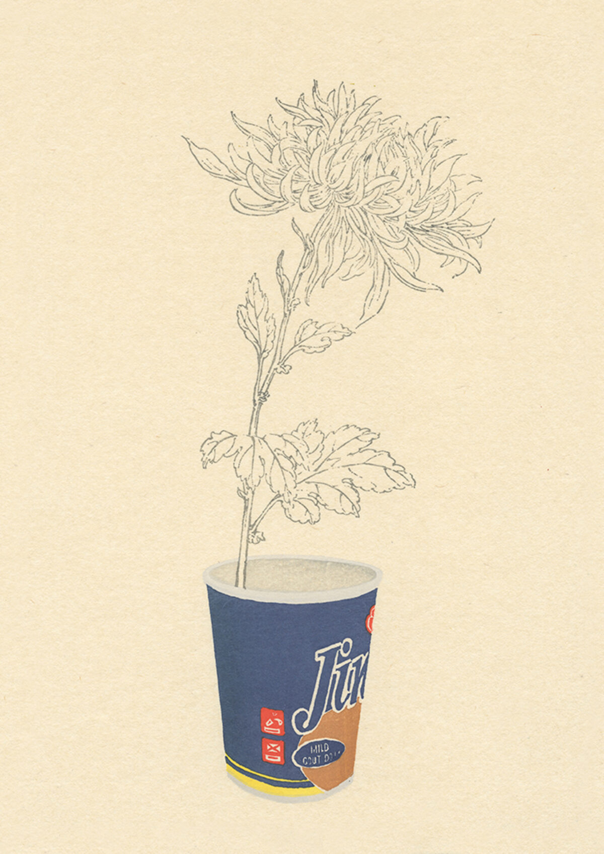 A delicate line drawing of a flowering plant with layered petals and detailed foliage emerges from a blue and tan instant noodle cup against a cream background. The botanical sketch contrasts with the commercial packaging below, creating a subtle juxtaposition between nature and mass-produced goods.