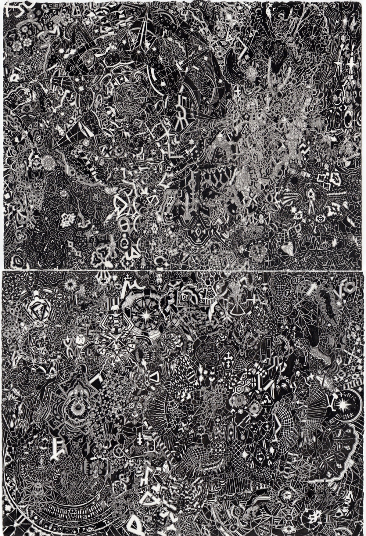 A densely layered black and white composition of intricate geometric patterns, symbols, and abstract figures covering two stacked rectangular panels. The work features overlapping lines, mechanical forms, ornamental designs, and gestural marks that create a complex, labyrinthine visual field with varying degrees of detail and density throughout.