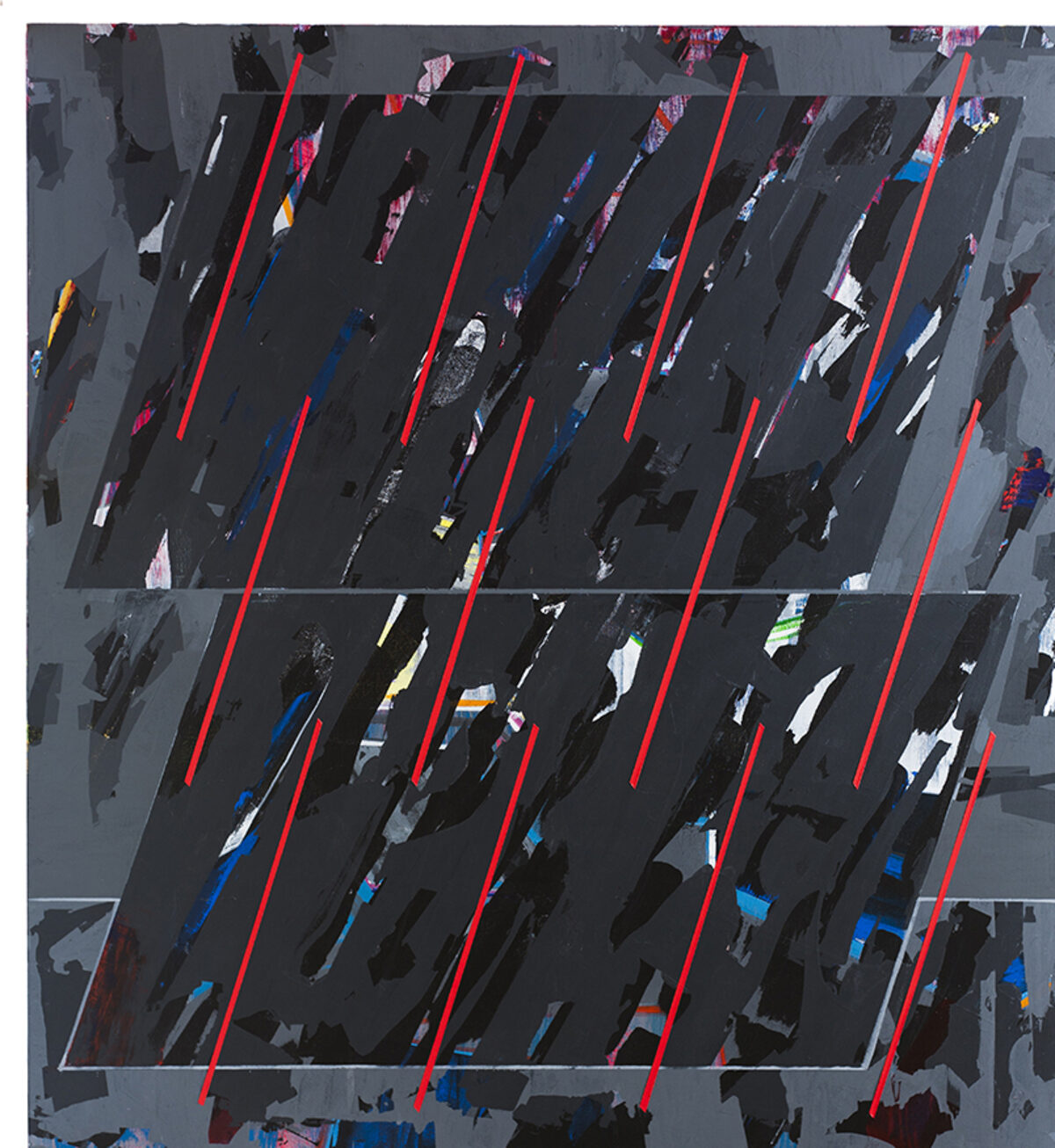 Overhead view of a parking lot rendered in dark grays and blacks, with colorfully dressed figures scattered among parking spaces marked by bright red lines. Vibrant blues, pinks, purples, and whites accent the composition, creating dynamic contrast against the muted pavement.