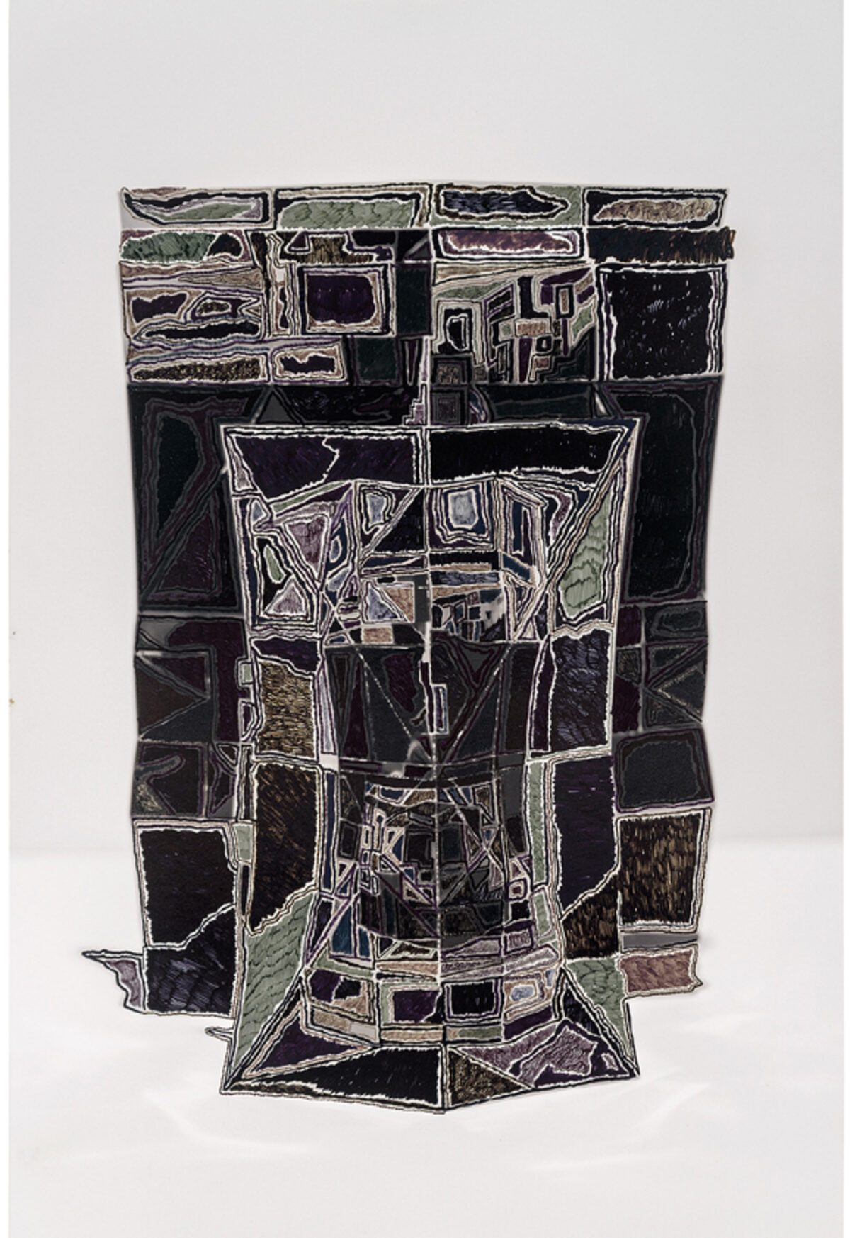 Abstract composition featuring bold black outlines and geometric forms layered across a light gray background, with areas of deep black, white, and muted green and brown tones creating a fragmented, architectural quality.