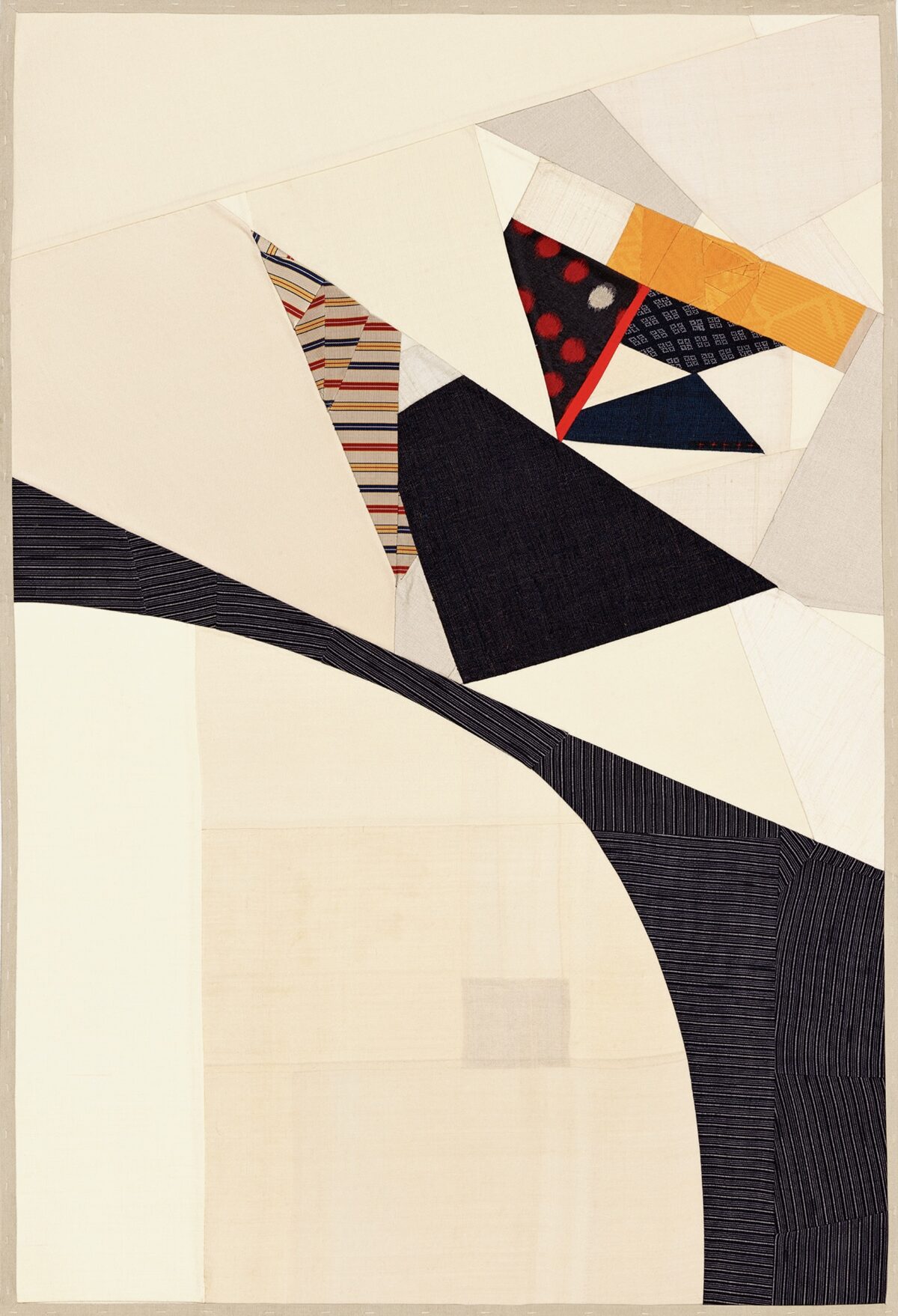 Abstract composition featuring pieced vintage silk fabrics arranged in geometric forms against a cream background. A large black triangle dominates the lower portion, while smaller triangular shapes in red with polka dots, striped patterns, solid navy, and golden yellow are clustered in the upper center, creating a dynamic interplay of color, texture, and patterned textiles.