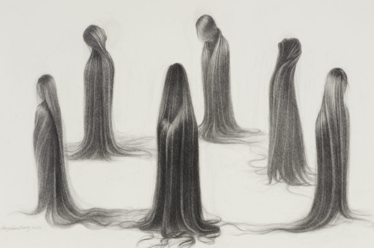 Six faceless figures with extremely long, flowing dark hair stand in a circle on a neutral ground. Rendered in charcoal with meticulous detail, their hair cascades to the floor and intertwines, creating an intricate web of connection between the figures despite their lack of visible identities.