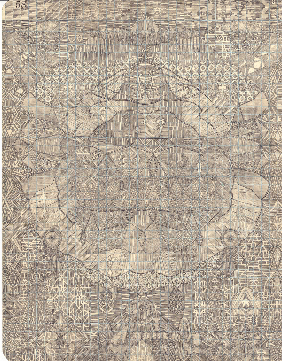 Densely layered graphite drawing featuring an intricate mandala-like composition with architectural elements, geometric patterns, and symmetrical ornamental designs radiating from a central axis, rendered entirely in fine linear marks and cross-hatching techniques across the paper surface.