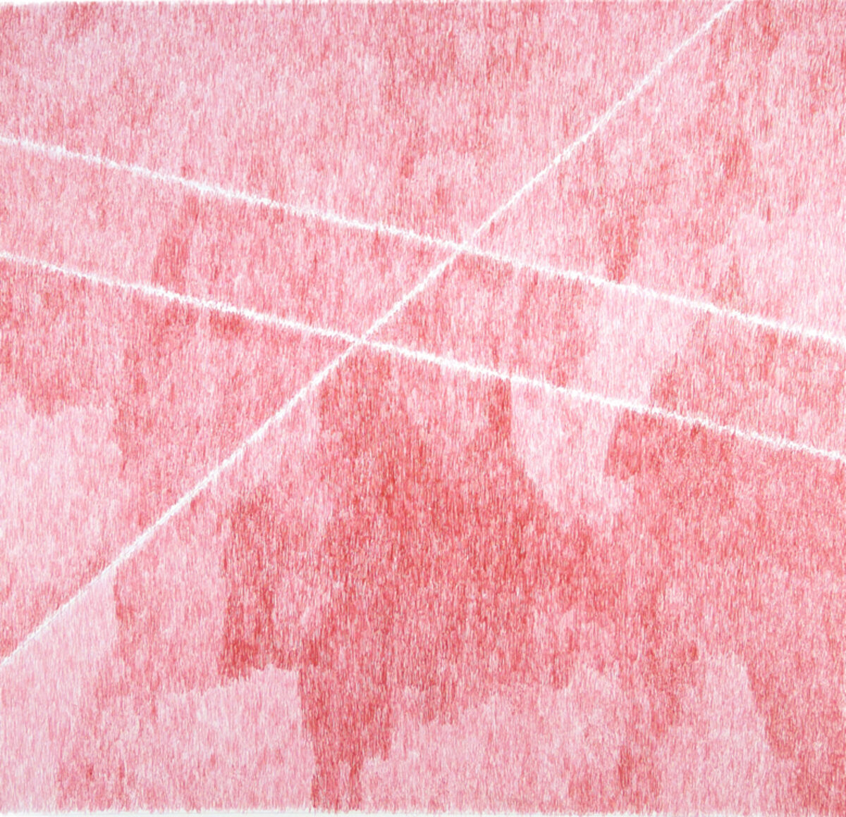 Abstract composition of intersecting white diagonal lines dividing a textured pink surface into geometric sections. The varied red and pink tones create depth across the layered, granular background.