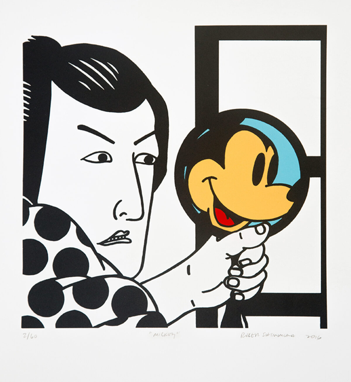 A stylized lithograph depicting a woman with angular features and black hair holding up a cheerful cartoon mouse character with yellow face and blue ears. Bold black lines and solid forms frame the composition, with the woman's polka-dotted garment rendered in dark circles against the white background. Yellow and blue accents on the mouse provide the only color in this predominantly black and white graphic work.
