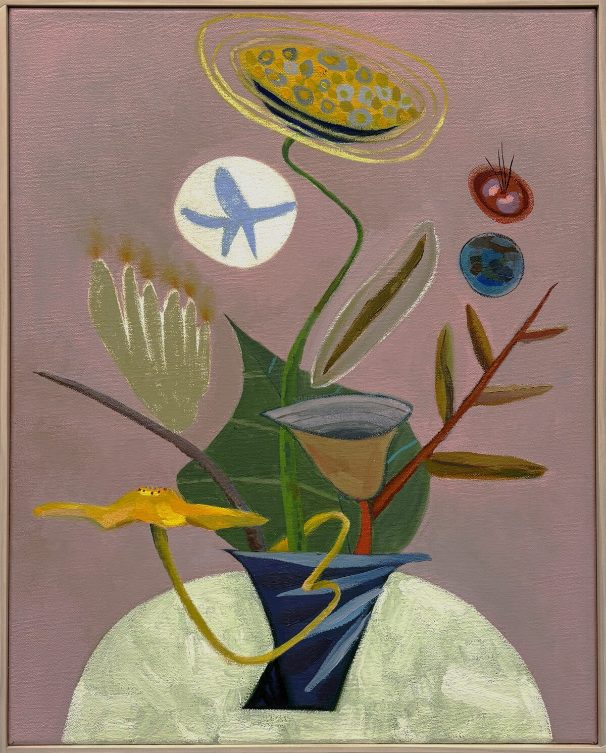 An abstract botanical composition featuring an eclectic arrangement of stylized plants and organic forms emerging from a geometric vessel. The painting combines naturalistic elements—green stems, leaves, and yellow flowers—with surreal imagery including a starfish in a circular white form, floating spheres, and a yellow oval with circular patterns at the top. Set against a muted mauve background, the work employs a vibrant palette of greens, yellows, blues, and earth tones with a textured, contemporary painting style.
