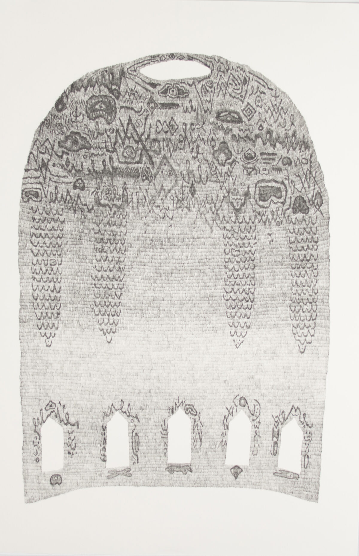 A light gray textile-like composition featuring intricate geometric and figurative patterns concentrated along the top and sides, with five vertical openings cut through the lower portion. Dense linear markings and abstracted forms create a lace-like quality throughout the piece.