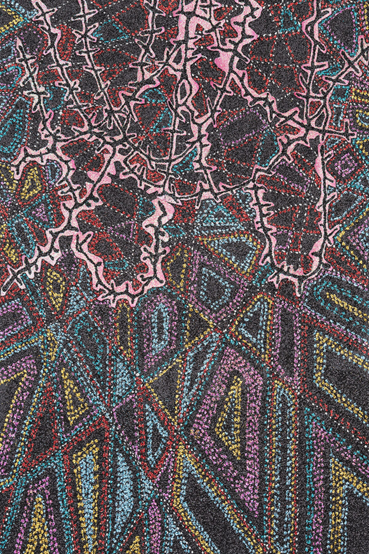 Abstract composition featuring interlocking pink chain-like forms outlined in white against a densely textured dark background. The lower half transitions into radiating vertical patterns in cyan, yellow, purple, and red, all rendered with shimmering glitter that creates a luminous, fragmented surface across the entire work.