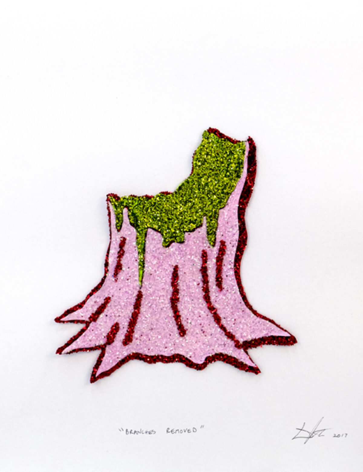 A stylized tree stump rendered in textured materials, featuring a pink and deep burgundy painted trunk with vertical striations and a vibrant lime green glittered canopy at the top, mounted on white paper with a handwritten signature at the bottom.